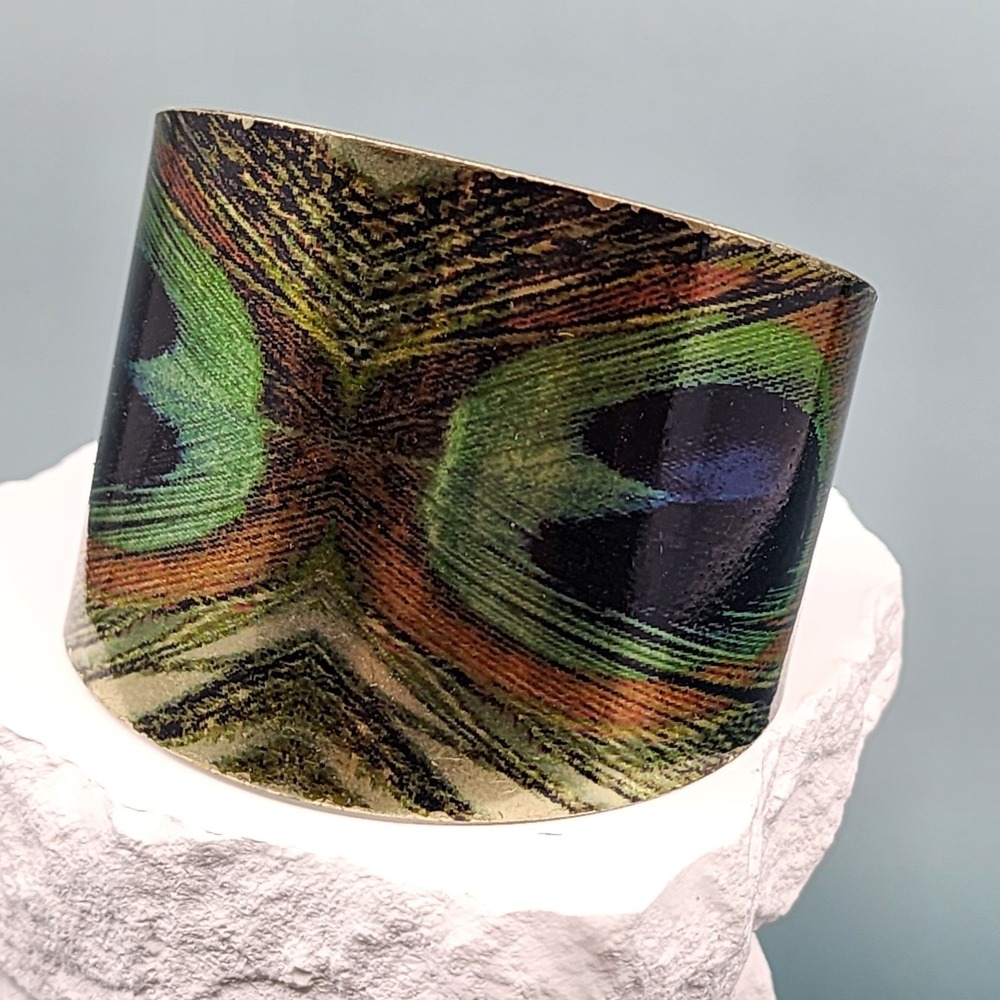 Peacock Feather Print Wide Gold Tone Cuff Bracelet Green Blue Boho Statement